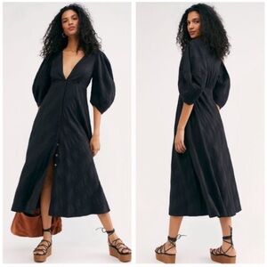 New Free People Lydia Puff Sleeve Button Down Midi Dress in Black | Women’s XL